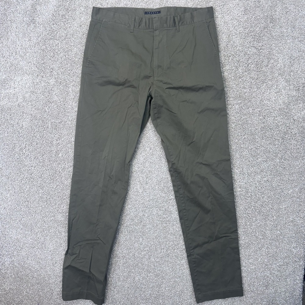 Theory Pants Mens 34 Chino Olive Green Flat Front EUC
